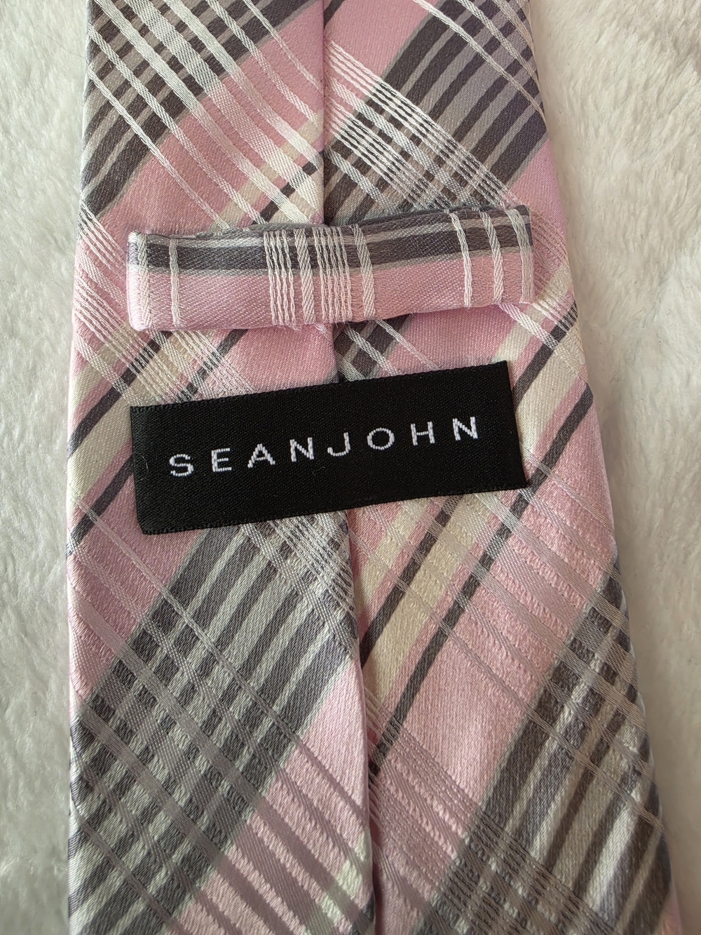 Sean John Men's Silk Necktie Pink Grey White Plaid Woven Formal Tie - Picture 3 of 3